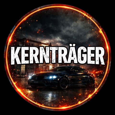 Kernträger-Logo: runder Rahmen aus glühendem Feuer, darin eine nächtliche Stadtkulisse mit dunklem Auto auf nassem Asphalt und dem weißen Schriftzug KERNTRÄGER
